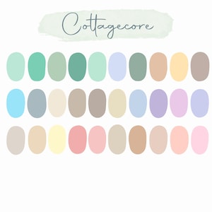 May include: A collection of 28 pastel-coloured ovals arranged in rows. The colours include shades of green, blue, yellow, pink, and brown. The word "Cottagecore" is written in cursive script above the ovals on a light green watercolour wash.