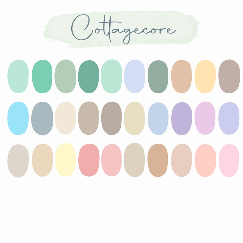 May include: A collection of 28 pastel-coloured ovals arranged in rows. The colours include shades of green, blue, yellow, pink, and brown. The word "Cottagecore" is written in cursive script above the ovals on a light green watercolour wash.