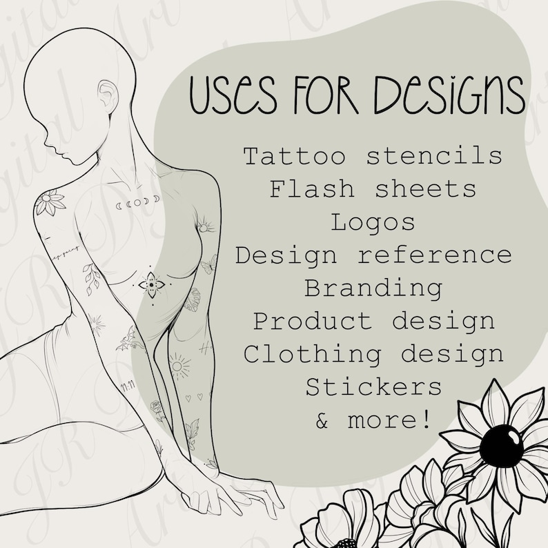 Op de afbeelding: Een zwart-witte lijntekening van een menselijk figuur met diverse kleine tatoeageontwerpen op de armen en borst, vergezeld van de tekst USES FOR DESIGNS, Tattoo stencils, Flash sheets, Logos, Design reference, Branding, Product design, Clothing design, Stickers & more!, en een grote bloemafbeelding.
