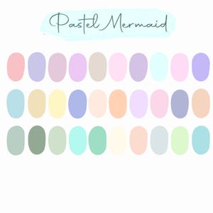 May include: A collection of pastel-coloured ovals arranged in rows, featuring shades of pink, purple, blue, green, and beige. The cursive text above reads "Pastel Mermaid".