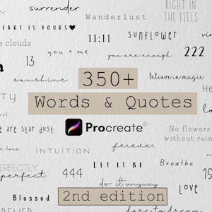 Peut inclure: Une image numérique avec une variété de mots et de citations dans différentes polices. Les mots incluent "karma", "soleil" et "toujours". L'image affiche également le logo Procreate et le texte "350+ Words & Quotes 2nd edition."