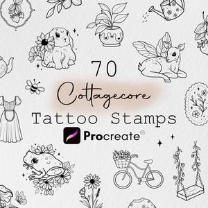 Puede incluir: Ilustraciones en blanco y negro de sellos de tatuajes de temática cottagecore, que incluyen un conejo, un ciervo, una rana, una bicicleta y un vestido. El texto "70 Cottagecore Tattoo Stamps" está presente. Diseñado para Procreate.