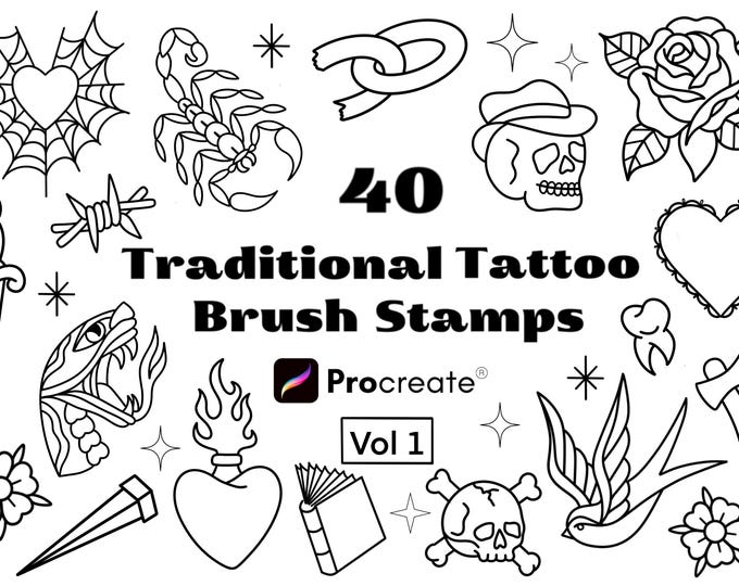 Traditional Tattoo Procreate Brush Set: 36x Tattoo Stamp Brushes ...