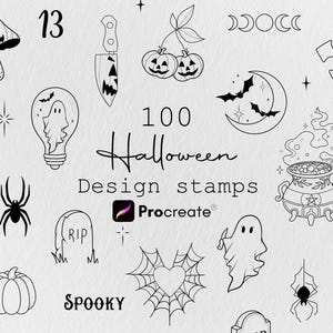 May include: A collection of 100 Halloween design stamps for Procreate featuring black line art illustrations of ghosts, pumpkins, skulls, spiders, bats, a cauldron, a tombstone with RIP, a knife, and the text 100 Halloween Design stamps.