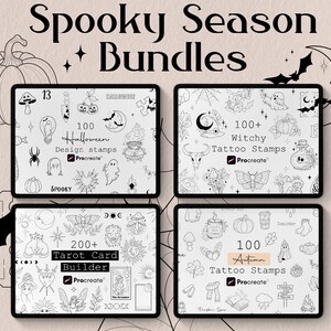 Puede incluir: Paquetes de arte digital para la temporada de miedo. La imagen muestra cuatro tabletas con sellos de dise&ntilde;o con temas de Halloween, brujas, cartas del tarot y oto&ntilde;o. El texto dice "Spooky Season Bundles". Los letreros adicionales dicen "Pumpkins", "Corn maze" y "Apple cider".