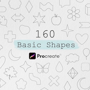 Pode incluir: Uma coleção de 160 formas básicas, incluindo estrelas, corações, setas e formas geométricas. O texto "160 Basic Shapes" é exibido, juntamente com o logotipo Procreate, sobre um fundo branco texturizado.