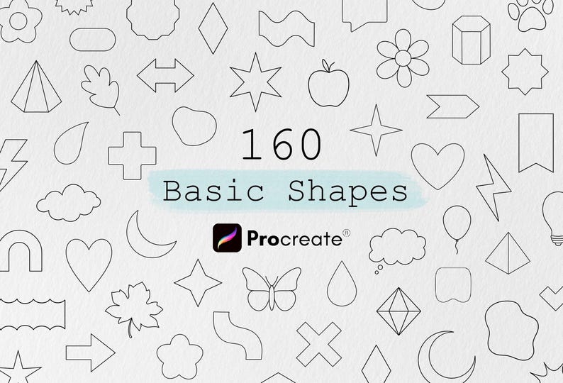 Puede incluir: Una colecci&oacute;n de 160 formas b&aacute;sicas, incluyendo estrellas, corazones, flechas y formas geom&eacute;tricas. El texto "160 Basic Shapes" se muestra, junto con el logotipo de Procreate, sobre un fondo blanco texturizado.