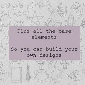 May include: A digital collection of black line art illustrations featuring pumpkins, bats, skulls, mushrooms, crystals, and potion bottles. A central purple rectangle contains the text: Plus all the base elements So you can build your own designs.