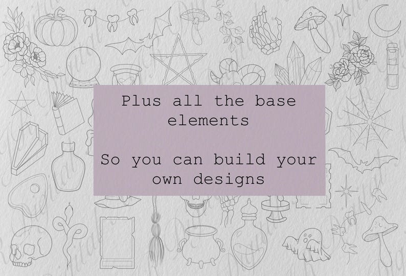 May include: A digital collection of black line art illustrations featuring pumpkins, bats, skulls, mushrooms, crystals, and potion bottles. A central purple rectangle contains the text: Plus all the base elements So you can build your own designs.