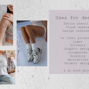 May include: A digital design collection featuring black line art illustrations of pumpkins and floral motifs. The text reads: Uses for designs: Tattoo stencils, Flash sheets, Design reference. Or other projects: Logos, Stickers, Graphic design, Scrapbooks, Branding, Decorations, Product design & so much more!