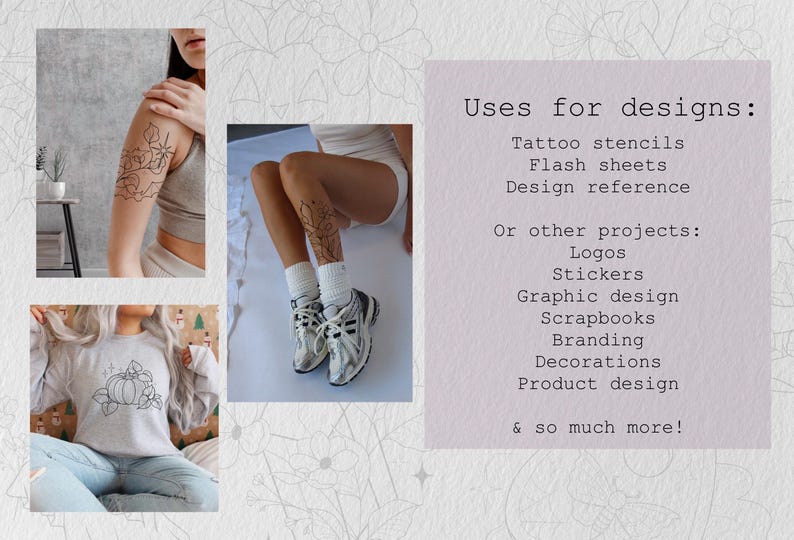 May include: A digital design collection featuring black line art illustrations of pumpkins and floral motifs. The text reads: Uses for designs: Tattoo stencils, Flash sheets, Design reference. Or other projects: Logos, Stickers, Graphic design, Scrapbooks, Branding, Decorations, Product design & so much more!