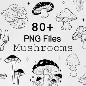Mushroom PNG Clipart Bundle: Hand-Drawn Fineline Illustrations (Digital Download)