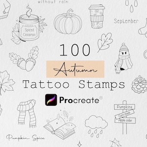 Könnte beinhalten: Schwarz-Weiß-Strichzeichnungen mit Herbstmotiven, darunter ein Kürbis, eine Kerze und ein Blatt. Der Text lautet "100 Autumn Tattoo Stamps" und "Procreate". Zusätzlicher Text enthält "Pumpkin Spice" und "September".