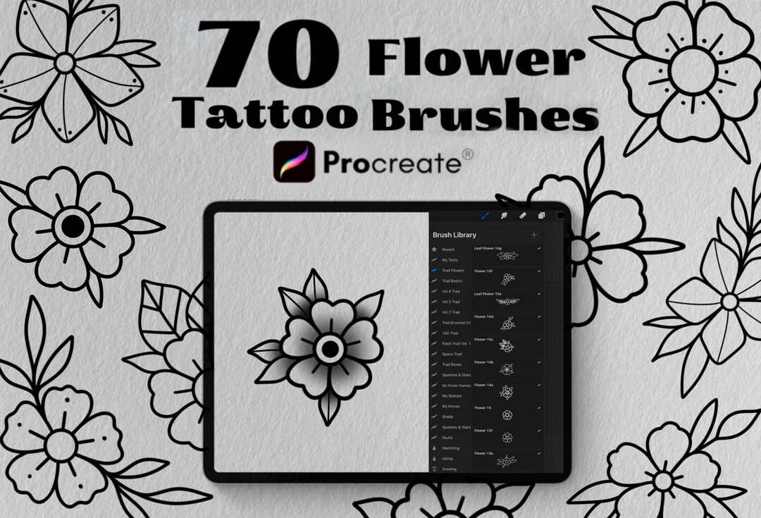 70 Flower Tattoo Designs, Brushes Procreate Bundle, Procreate Brush ...