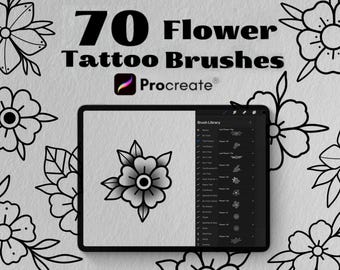 May include: 70 Flower Tattoo Brushes for Procreate. A digital illustration of a tablet screen showing a brush library with 70 flower tattoo brushes. The image also includes several black and white flower tattoo designs.