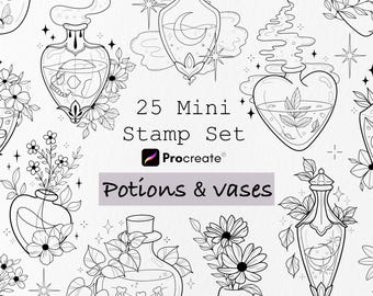 Paquete de 25 tatuajes de pociones y jarrones para Procreate, set de pinceles para tatuajes, pinceles para sellos para Procreate, diseños de plantillas para tatuajes, pociones de brujas, sellos para tatuajes