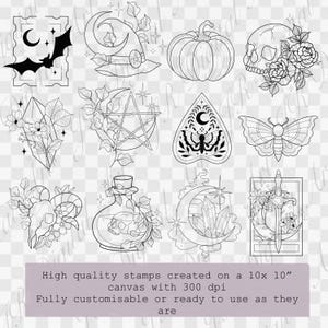 May include: A collection of twelve black and white line art illustrations featuring a bat, witch hat, pumpkin, skull with flowers, crystal, pentagram, planchette, moth, ram skull, potion bottle, moon with crystals, and a sword with flowers.