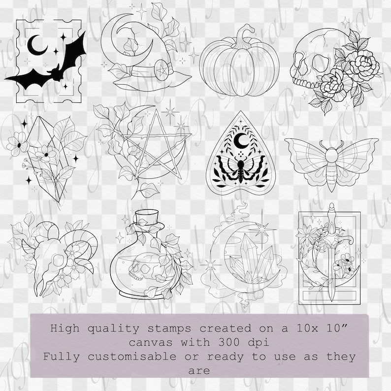 May include: A collection of twelve black and white line art illustrations featuring a bat, witch hat, pumpkin, skull with flowers, crystal, pentagram, planchette, moth, ram skull, potion bottle, moon with crystals, and a sword with flowers.