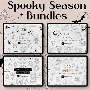 May include: Four digital tablets display black and white line art stamp sets titled Spooky Season Bundles. The screens feature 100 Halloween design stamps, 100+ Witchy Tattoo Stamps, 200+ Tarot Card Builder, and 100 Autumn Tattoo Stamps for Procreate.