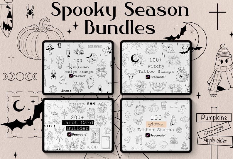 May include: Four digital tablets display black and white line art stamp sets titled Spooky Season Bundles. The screens feature 100 Halloween design stamps, 100+ Witchy Tattoo Stamps, 200+ Tarot Card Builder, and 100 Autumn Tattoo Stamps for Procreate.
