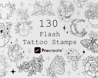 130 Whimsical Tattoo Stamps: Procreate Brush Set, Tattoo Designs, Floral Designs, Procreate tattoos