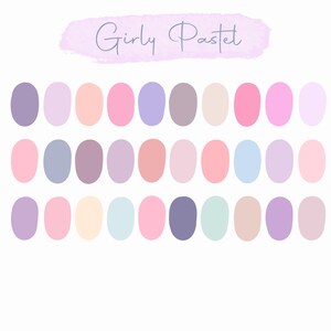 May include: A palette of pastel colour swatches in shades of pink, purple, peach, and blue, arranged in rows. The words "Girly Pastel" are written in cursive above the swatches on a light purple background.