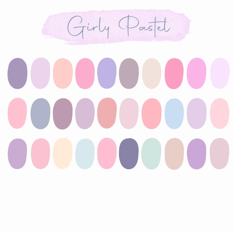 May include: A palette of pastel colour swatches in shades of pink, purple, peach, and blue, arranged in rows. The words "Girly Pastel" are written in cursive above the swatches on a light purple background.