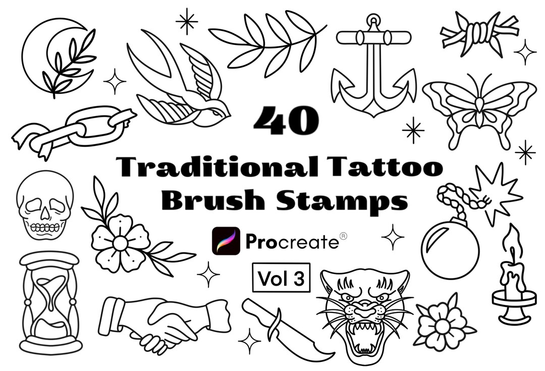 40 Traditional Tattoo Brushes Procreate Bundle, Tattoo Brush Set ...