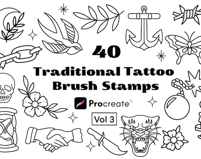 Traditional Tattoo Procreate Brush Set: 36x Tattoo Stamp Brushes ...