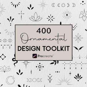 May include: A collection of 400 ornamental design elements in black, including stars, moons, floral designs, and geometric shapes. The text "400 Ornamental DESIGN TOOLKIT" is displayed on a beige rectangle, with the Procreate logo.