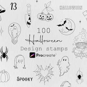 100種類以上のハロウィン用Procreateスタンプ、タトゥーブラシセット、タトゥーステンシルデザイン、魔女ブラシスタンプ