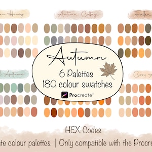 Op de afbeelding: Een digitale kunstpalet met zes herfstkleurenpaletten, elk met talrijke kleurstalen. De paletten zijn gelabeld met "Autumn Honey", "Autumn Cottage", "Fallen Leaves", "Pastel Autumn" en "Cozy Autumn". De tekst "Autumn, 6 Palettes, 180 color swatches" en "Procreate" is inbegrepen.