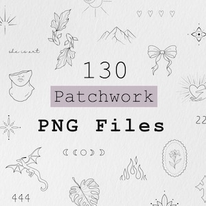 Op de afbeelding: Een verzameling van 130 zwart-wit PNG-bestanden met verschillende lijntekeningen. De ontwerpen omvatten harten, sterren, bloemen, bergen, strikken en andere decoratieve elementen. Tekst bevat "Patchwork" en "PNG Files".