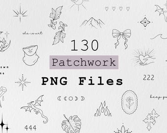 Patchwork PNG-paket, PNG-nedladdningar, tatueringsdesigner, fineline PNG-illustrationer, clipartpaket