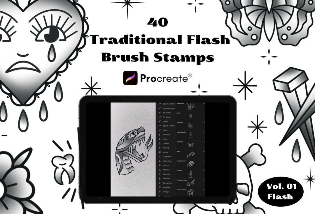 40 Traditional Tattoo Brushes Procreate Bundle, Tattoo Brush Set ...