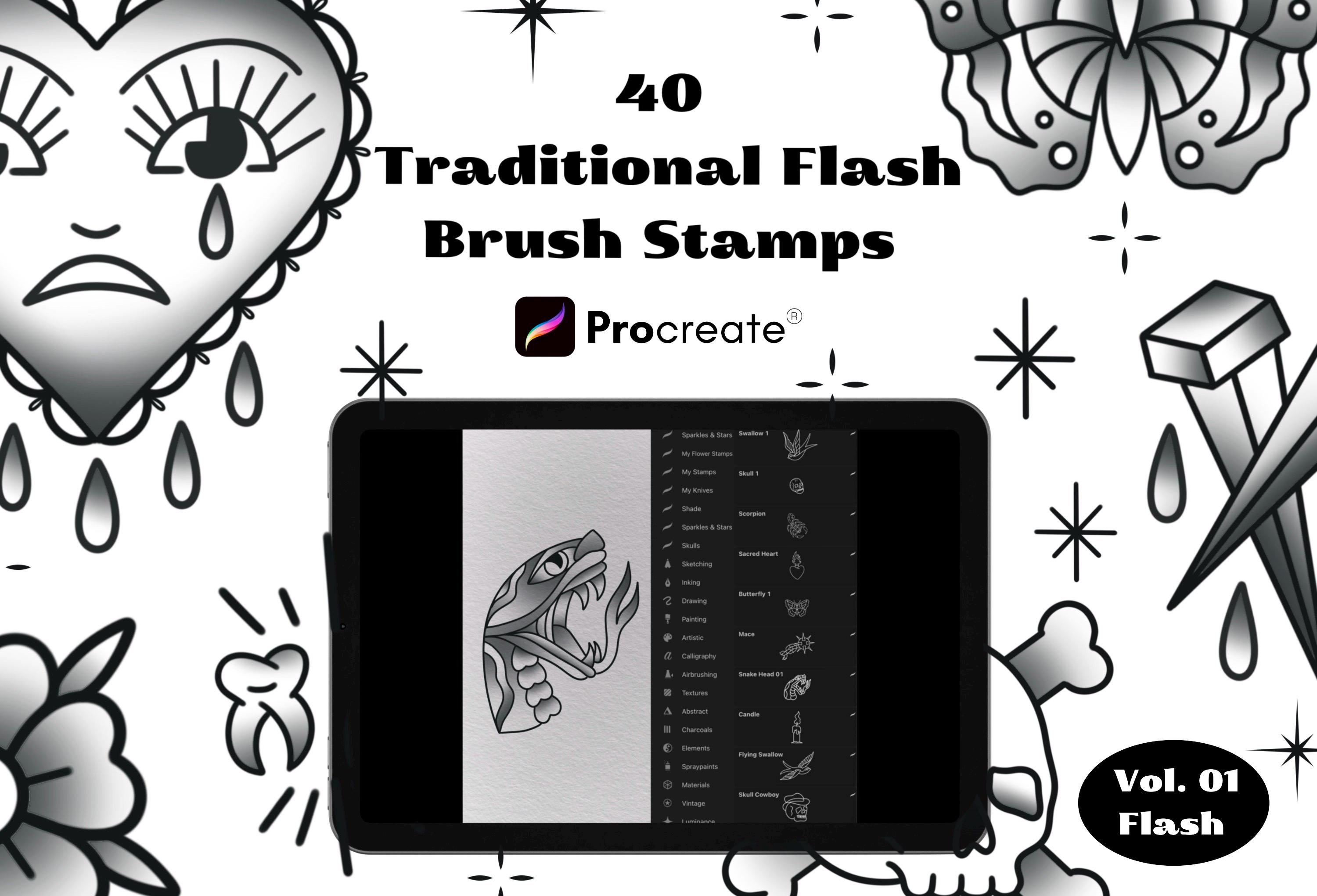 40 Traditional Tattoo Brushes Procreate Bundle, Tattoo Brush Set ...