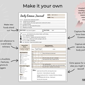 May include: A printable daily eczema journal with sections for tracking food, symptoms, triggers, and skin condition by body part. The journal is designed to help manage eczema.