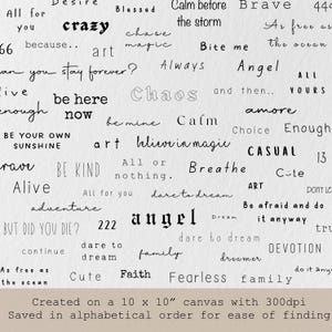 Op de afbeelding: Een digitale collage met talloze zwarte tekstzinnen en woorden op een witte achtergrond, waaronder citaten zoals 'be here now', 'believe in magic', 'dare to dream', 'angel', 'Breathe', 'Faith' en 'Fearless', met een notitie over een 25,4 x 25,4 cm canvas.