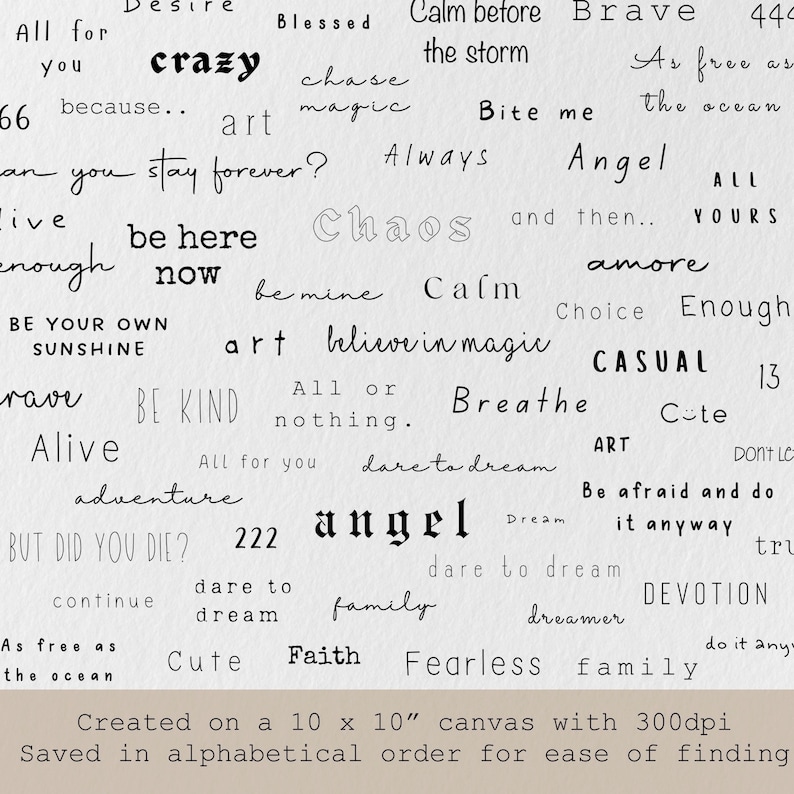 Op de afbeelding: Een digitale collage met talloze zwarte tekstzinnen en woorden op een witte achtergrond, waaronder citaten zoals 'be here now', 'believe in magic', 'dare to dream', 'angel', 'Breathe', 'Faith' en 'Fearless', met een notitie over een 25,4 x 25,4 cm canvas.