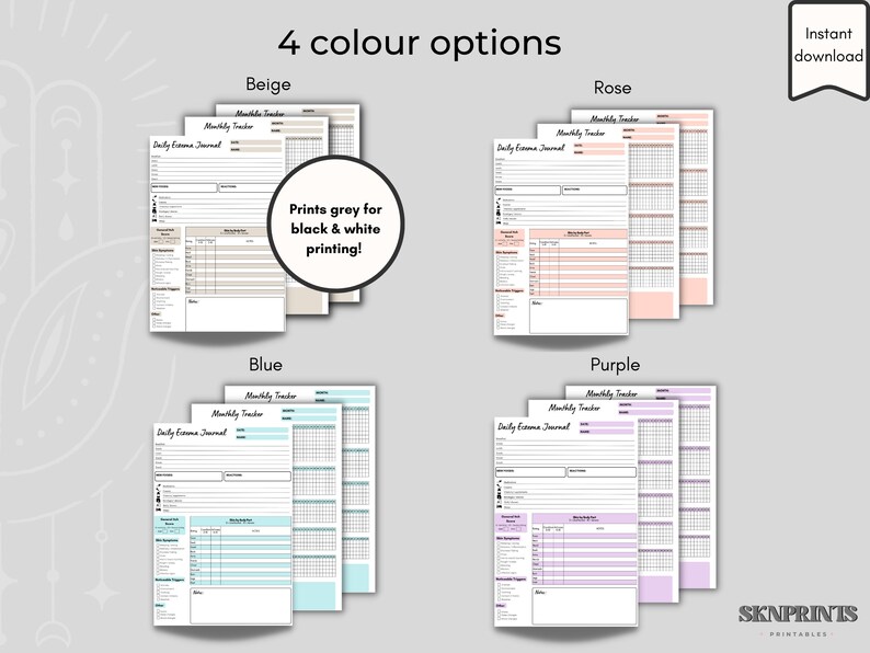 May include: Four printable monthly tracker and daily expense journal pages in beige, rose, blue, and purple. The text "Prints grey for black & white printing!" is included in the image.