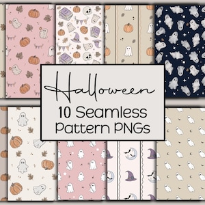May include: A collection of ten seamless digital patterns featuring Halloween motifs including ghosts, pumpkins, bats, moons, and autumn leaves in various colour palettes. A central white rectangular label displays the text Halloween 10 Seamless Pattern PNGs.