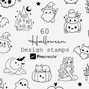 May include: A collection of 60 Halloween design stamps for Procreate featuring black and white line art illustrations of ghosts, cats, pumpkins, a haunted house, a crescent moon, bats, mushrooms, and a horned figure with long wavy hair.