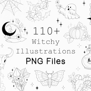 Peut inclure: Illustrations en noir et blanc d'éléments de sorcellerie, dont un crâne, une toile d'araignée, un chapeau de sorcière, un fantôme, une citrouille et une fiole de potion. Le texte indique "110+ Witchy Illustrations PNG Files."