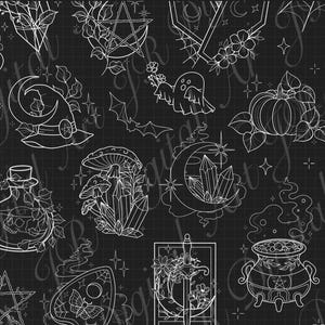 May include: A collection of white line art illustrations on a black grid background featuring a snake, pentagram, witch hat, ghost, pumpkin, skull in a bottle, mushrooms, crystals, crescent moon, broom, planchette, sword, cauldron, and a spell book.