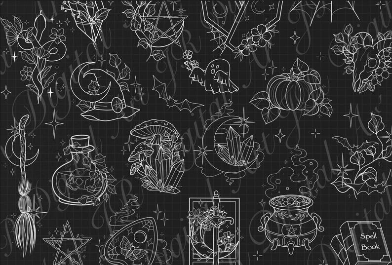 May include: A collection of white line art illustrations on a black grid background featuring a snake, pentagram, witch hat, ghost, pumpkin, skull in a bottle, mushrooms, crystals, crescent moon, broom, planchette, sword, cauldron, and a spell book.