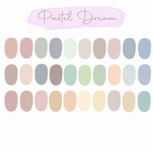 May include: A collection of pastel-coloured ovals arranged in rows. The colours include pinks, beiges, greens, blues, and yellows. The words "Pastel Dream" are written in cursive above the colour swatches.