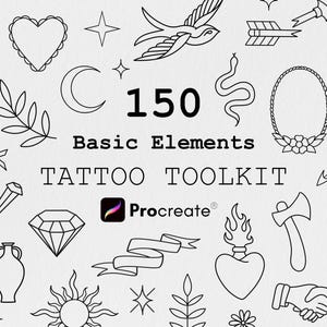 150 traditionella tatueringsverktyg Procreate-paket, tatueringsborsteset, Procreate-stämplar, tatueringsschablondesigner, stämplar Procreate, flashtatueringar