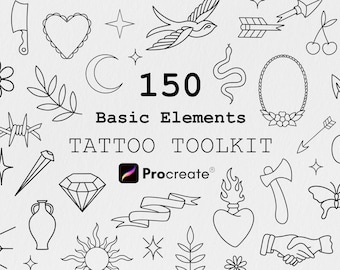 150 Traditional Tattoo Tools Procreate Bundle, Tattoo Brush Set, Procreate Stamps, Tattoo Stencil Designs, Stamps Procreate, Flash Tattoos