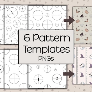 May include: A collection of six digital pattern templates in PNG format, featuring black and white line art with numbered circular and oval shapes, alongside two finished examples displaying autumn-themed pumpkins and Halloween-inspired witch hats.