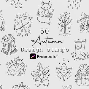 Op de afbeelding: Een digitale collectie van 50 herfstontwerpstempels voor Procreate met zwarte lijntekeningen van een vos, eekhoorn, egel, pompoen, paraplu, sjaal, regenlaarzen, zonnebloem, esdoornbladeren, eikels en een persoon die een mok vasthoudt.